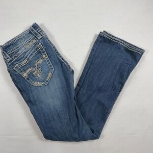 Rock Revival Amy Bootcut Jeans Embellished Thick Stitch Distressed Size 30 Blue